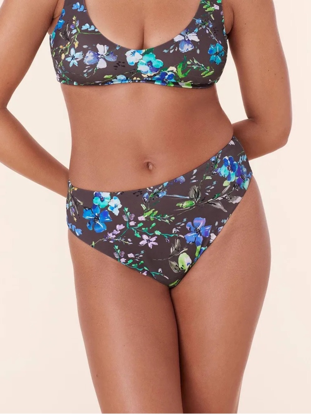 Andie Floral Bikini Bottoms in Charcoal, Blue, Green